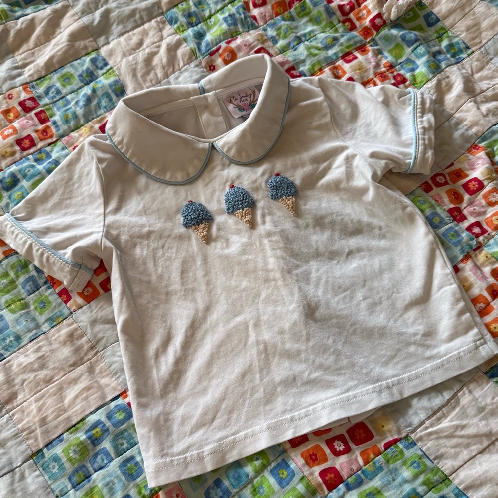 White Kids Peter Pan Collar Top with Blue Ice Cream French Knot Embroidery